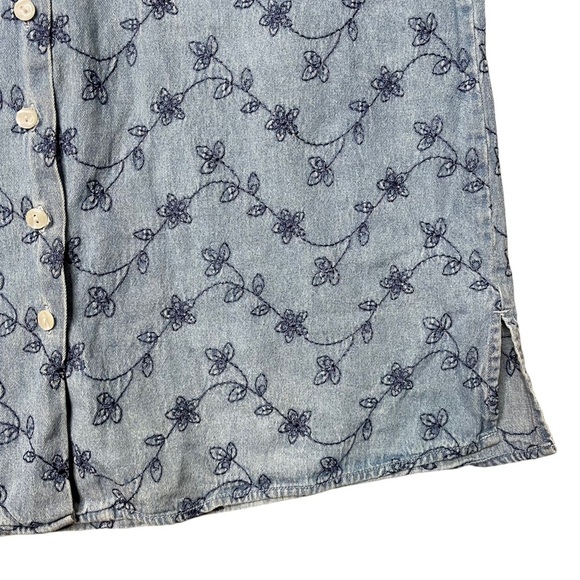 Vintage French Kuff Women’s Medium Wash Denim Floral Embroider Button Down Shirt - Picture 2 of 4